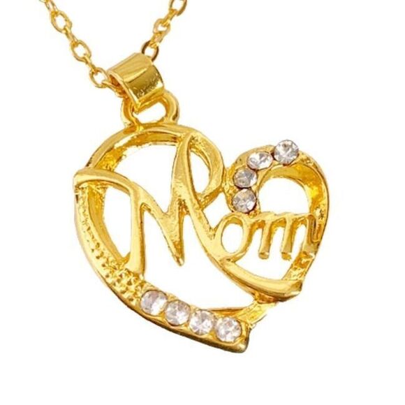 NEW Gold Heart Necklace MOM Rhinestones Birthday Mothers Day Christmas Gift - Picture 1 of 5
